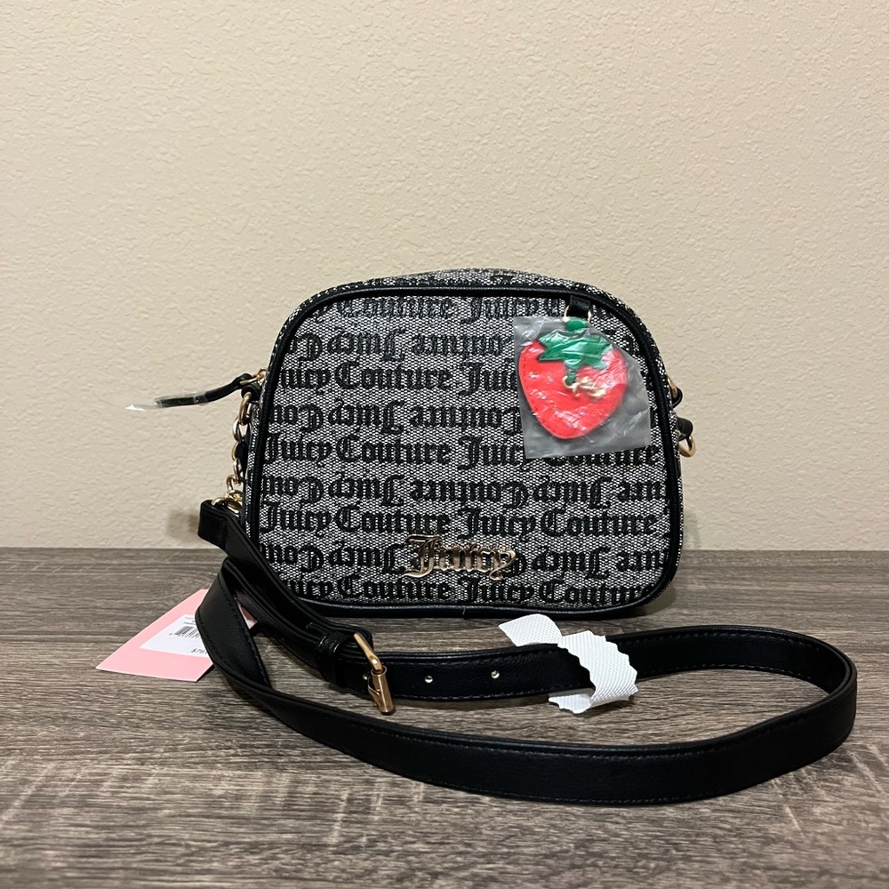 Juicy Couture Black and Gray Crossbody Bag with Strawberry Charm